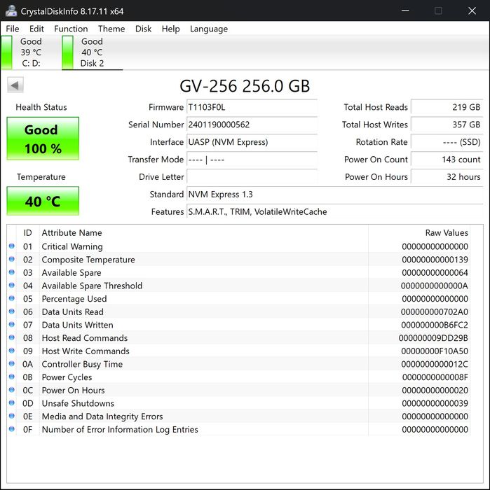 SSD NVMe M.2 GUDGA GV 256GB 100% Life