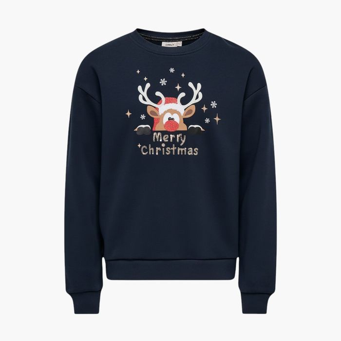 Bluză copii ONLY Kids Crăciun, ren „Merry Christmas”, bleumarin, 122/128
