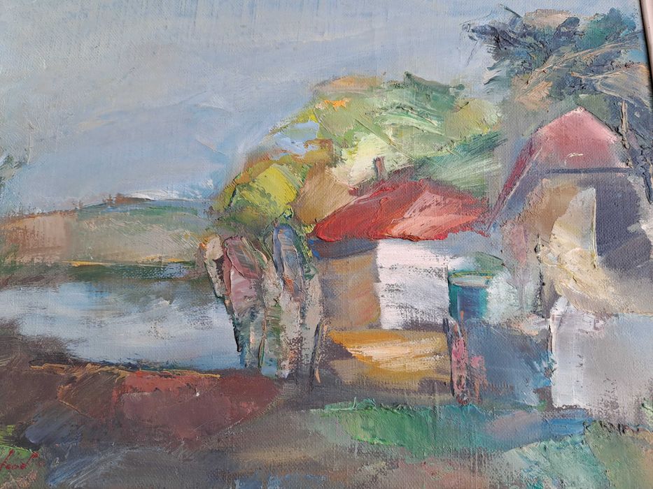 tablou romanesc pictura pe panza 58/48 cm semnat Dumitru