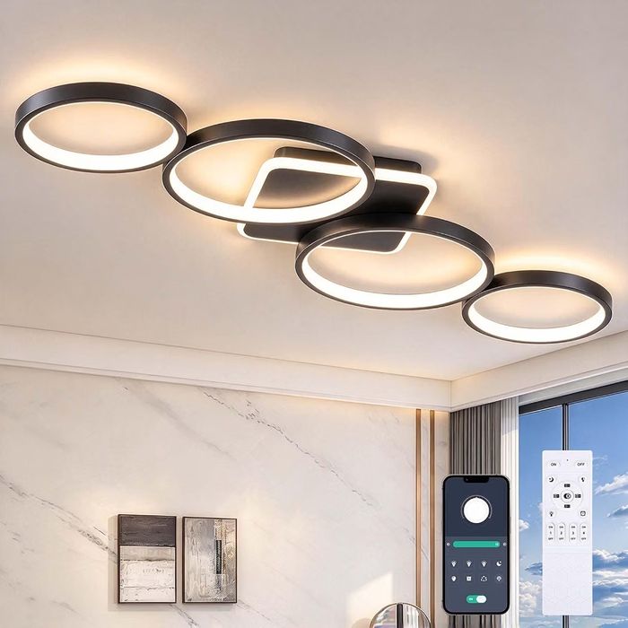 Модерен LED плафон 54W – 4 ринга с дистанционно и App управление (94 cm, Черен)