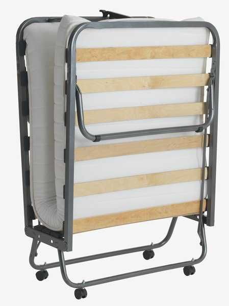 Oțel. Saltea de 9 cm din spumă cu memorie ce înlătură tensiunea musculară și spumă poliuretanică. Cu somieră de lemn. Pliabil. 80x200x36 cm