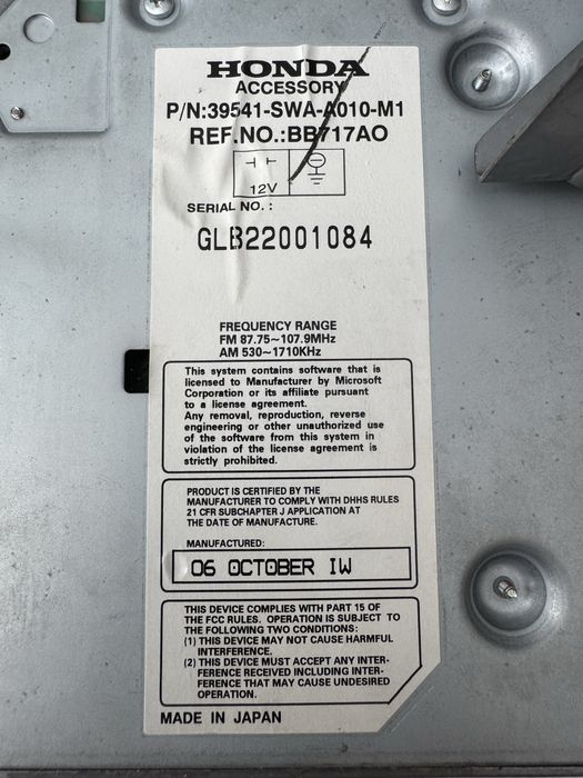 Оригинална навигация Honda CR-V CRV III 3 2007-2011 GPS DVD OEM 39541-SWA-A010-M1 Код наличен