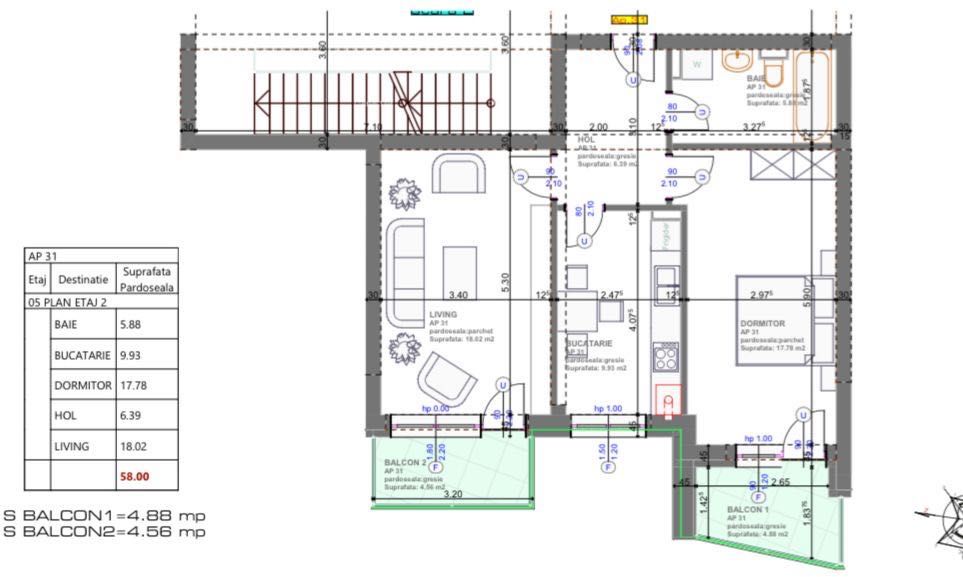 Aprtament 2 camere de inchirat - complet mobilat
