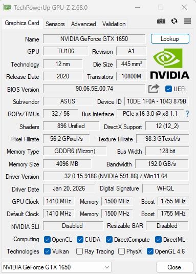 Asus TUF Gaming GeForce GTX 1650 OC 4GB GDDR6
