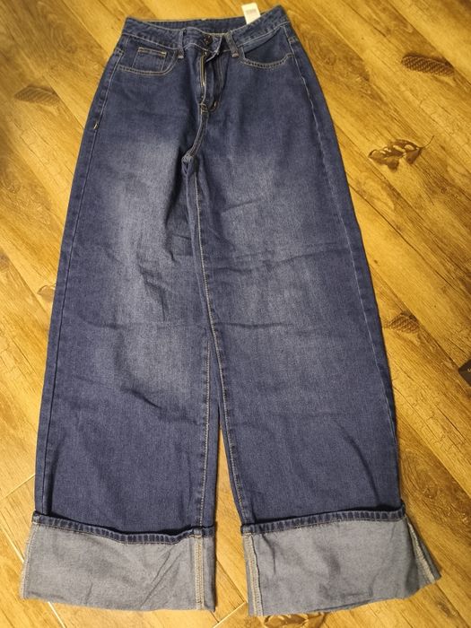 Blugi wide leg tall xs cu manșetă lată albastru închis mărime xs