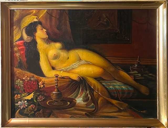 "NUD" Tablou f VECHI, ulei/pânza, semnat. Dimens mari: 80x60cm+Rama