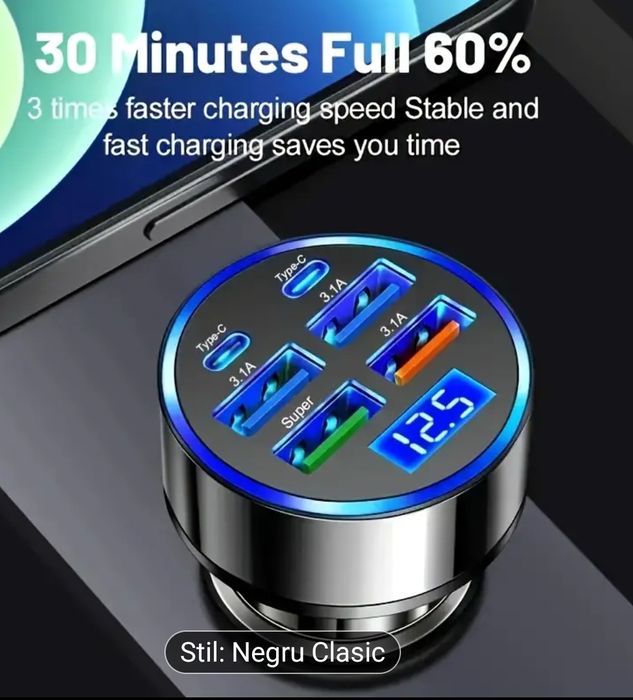 Încărcător auto, 6 porturi USB/2 USB Type C