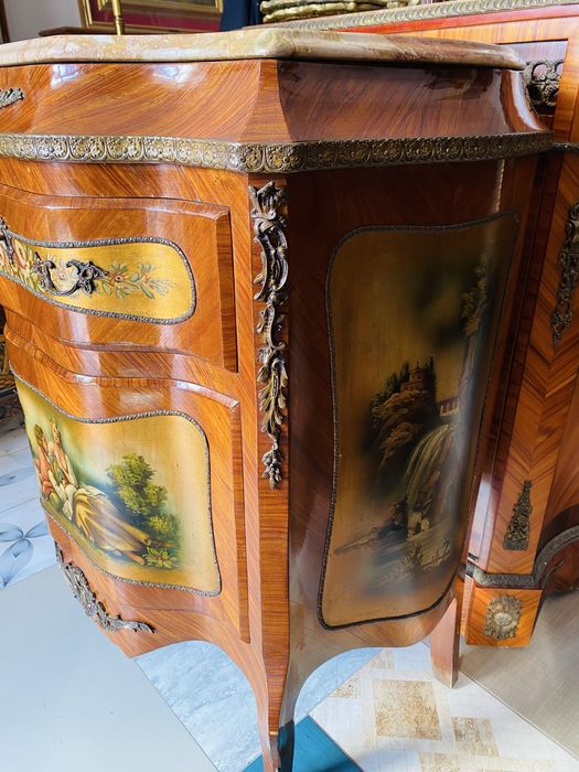 Comoda Servanta Vintage Marmura Pictura Intarsie Bronz Lemn