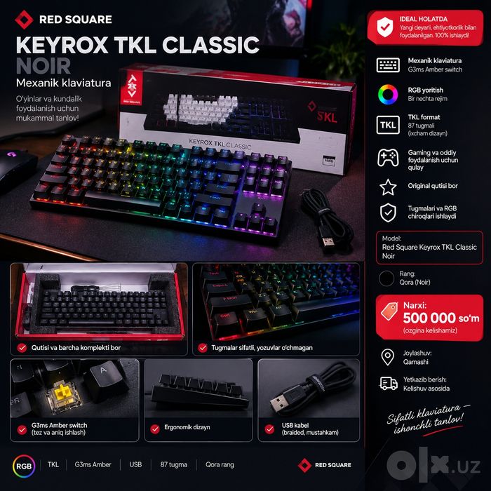 Red Square Keyrox TKL Classic Noir RGB — 87 tugmali ideal holatta bor