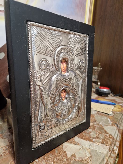 Страхотна антикварна сребърна икона със сертификат