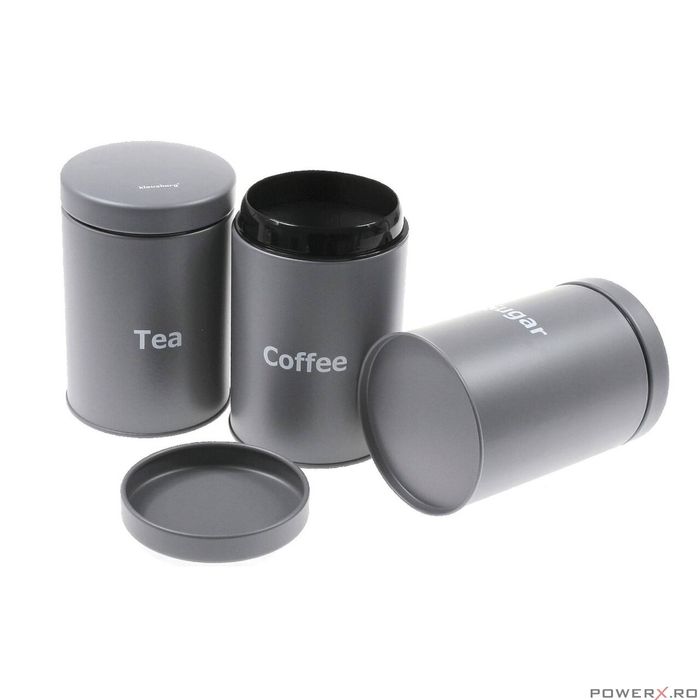 Set de 3 recipiente cafea, zahar si ceai, din otel, gri 11,5x11,5x15