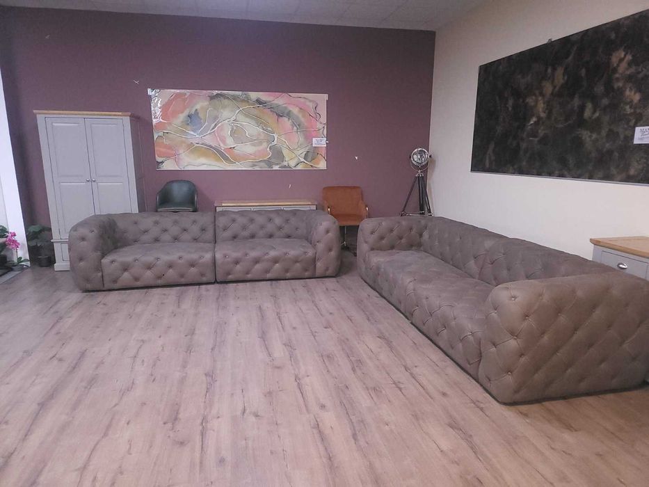 Дизайнерски кафяви кожени дивани две четворки Честърфийлд