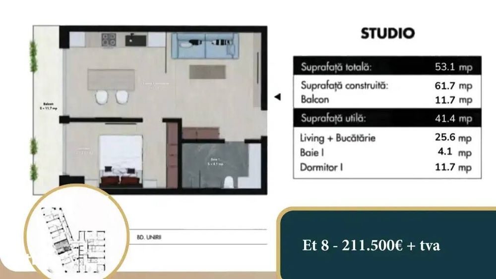 Unirii Studio Dublu premium sut 52,10 mp | Finisaje top + smart home