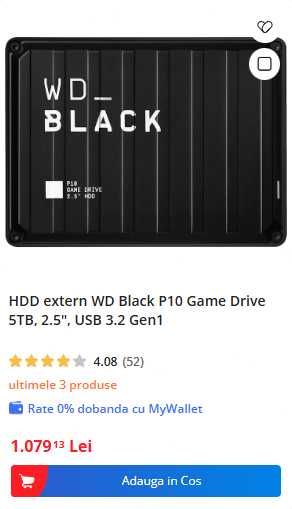 Hard Disk Extern Western Digital Black P10 5 TB 2.5" USB 3.2 Gen 1 HDD WD