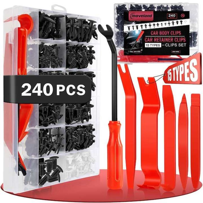 Set cleme caroserie auto 240 buc,15tipuri,cu unelte de îndepartare,nou