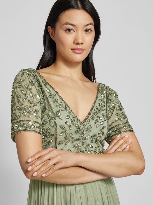 Официална рокля Lace&beads лъскава пайети и тюл зелена S рамер