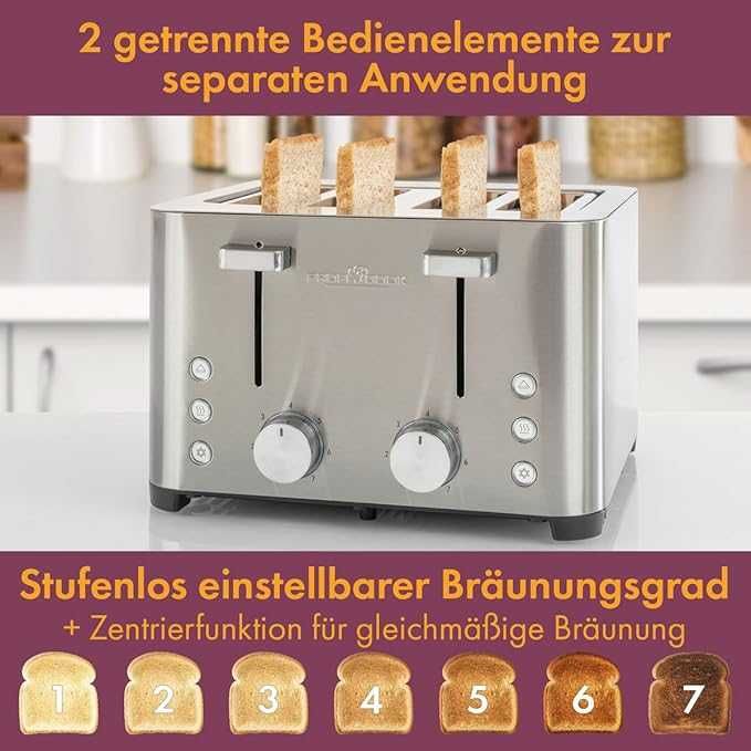 Тостер ProfiCook | Тостер за 4 филии | Корпус от неръждаема стомана | 1500 вата | Широк отвор | Приставка за хлебчета 7 нива на изпичане |