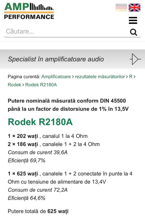 Amplificator auto Rodek R 2180A -2 canale 625W-USA