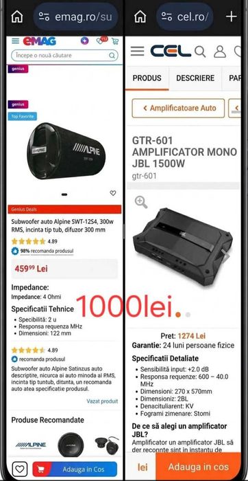 Amplificator auto Jbl si subwoofer Alpine