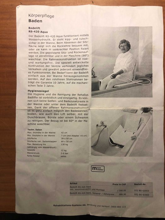 Хидравличен стол за къпане във вана на трудноподвижни хора - Германия.