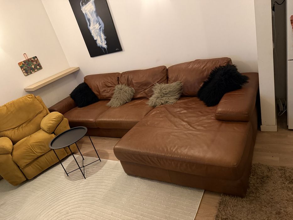 Canapea  de Colt   4 locuri Piele   -Lounge  Cognac