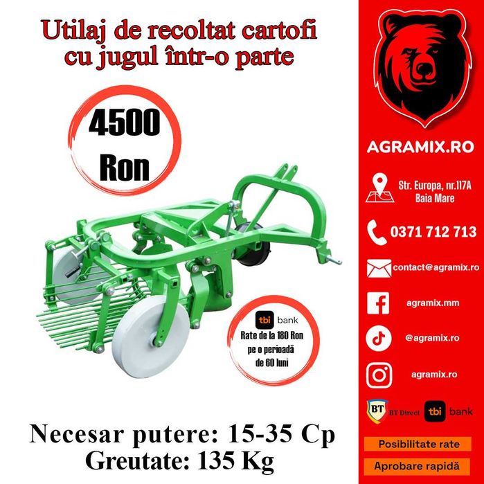 Utilaj de recoltat cartofi cu jugul intr-o parte pe un rand Agramix