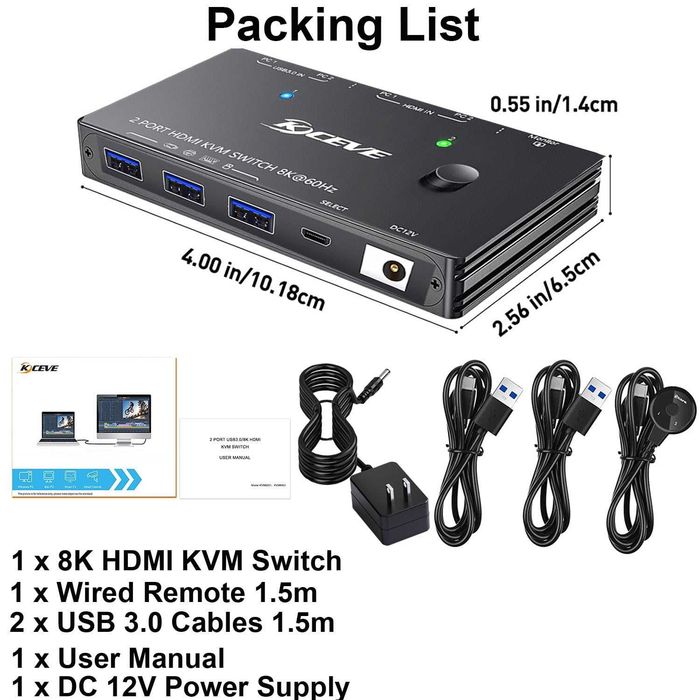 KVM Switch HDMI 2.1 8K 60Hz - USB 3.0 - Desktop Remote - Nou