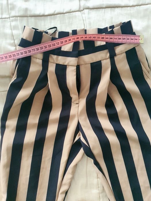 New Look Petite XXS XS pantaloni 3/4 cu dungi talie înaltă bej negru skinny noi