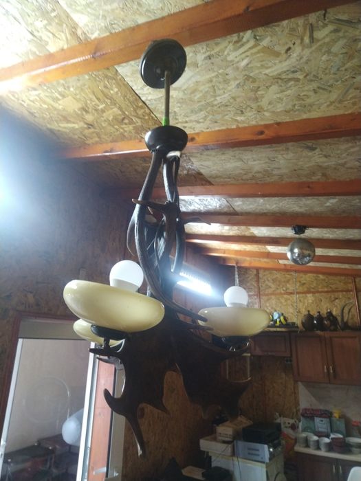 Ръчно изработен таванен полилей от 5 броя еленски рога. 
Нестандартен,