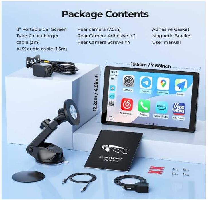 KRUNIA Ecran portabil 8" pentru Apple CarPlay si Android Auto