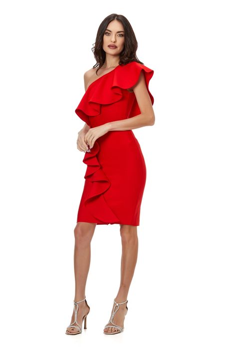 Rochie midi bandage rosie eleganta un umar cu volane