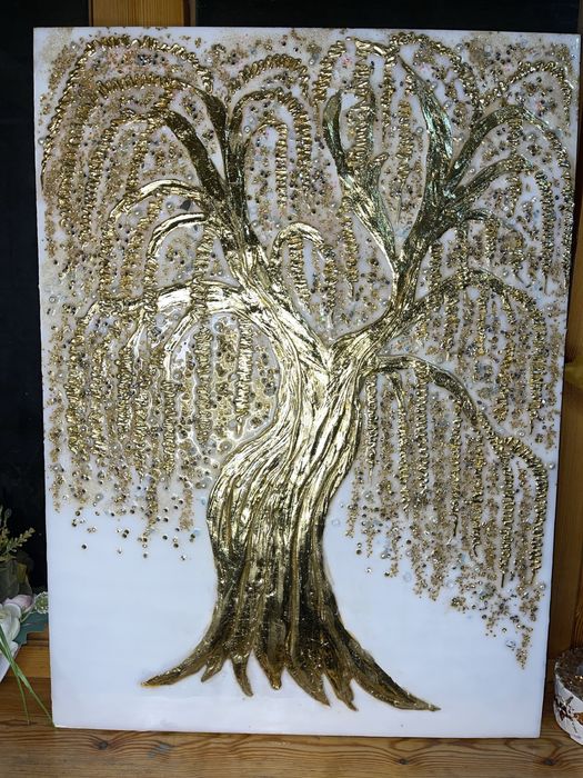 авторская декоративная картина с текстурой и смалой и золотыми камнями