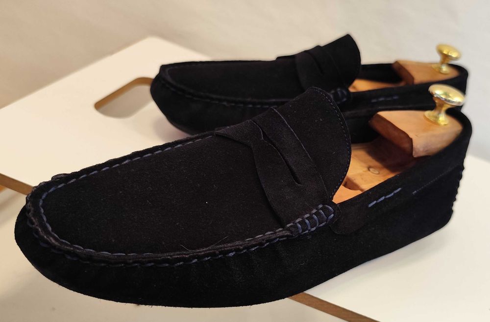 Pantofi mocasini casual 44 slip on Lav Atigianale piele naturala moale albastru