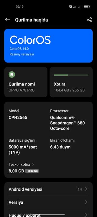 OPPO A 78 PRO  SOTILADI  15 kun garyantasi bor