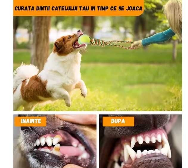 Jucărie cu funii înnodate din bumbac non-toxic si mingie de tenis