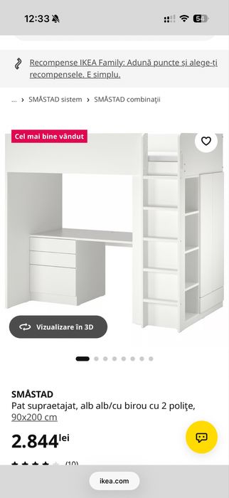 SMÅSTAD Pat supraetajat ikea, alb mov/cu birou cu 2 poliţe