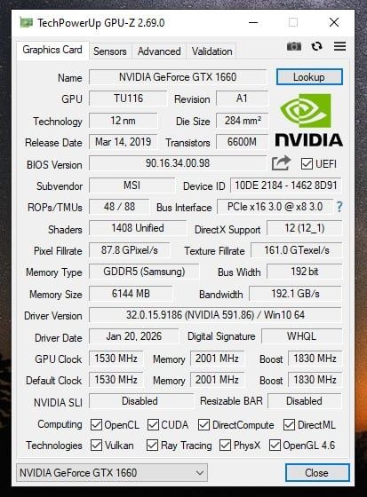 Видеокарта MSI GTX 1660 Ventus XS C 6GB