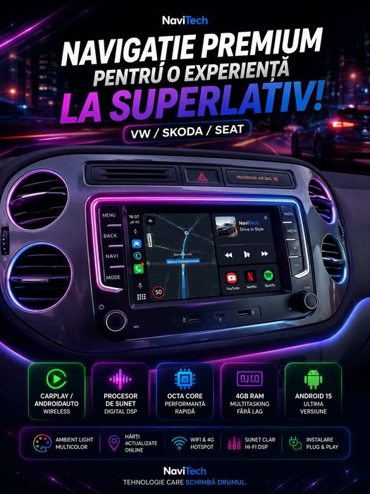 Vand navigatie auto dedicat Volkswagen/Skoda/Seat carplay qled ambientale