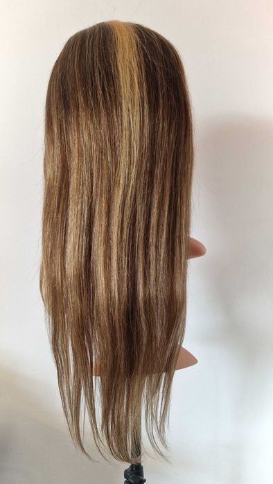 Естествена перука  70–75 см – Lace Front 13x6, кафява с руси кичури