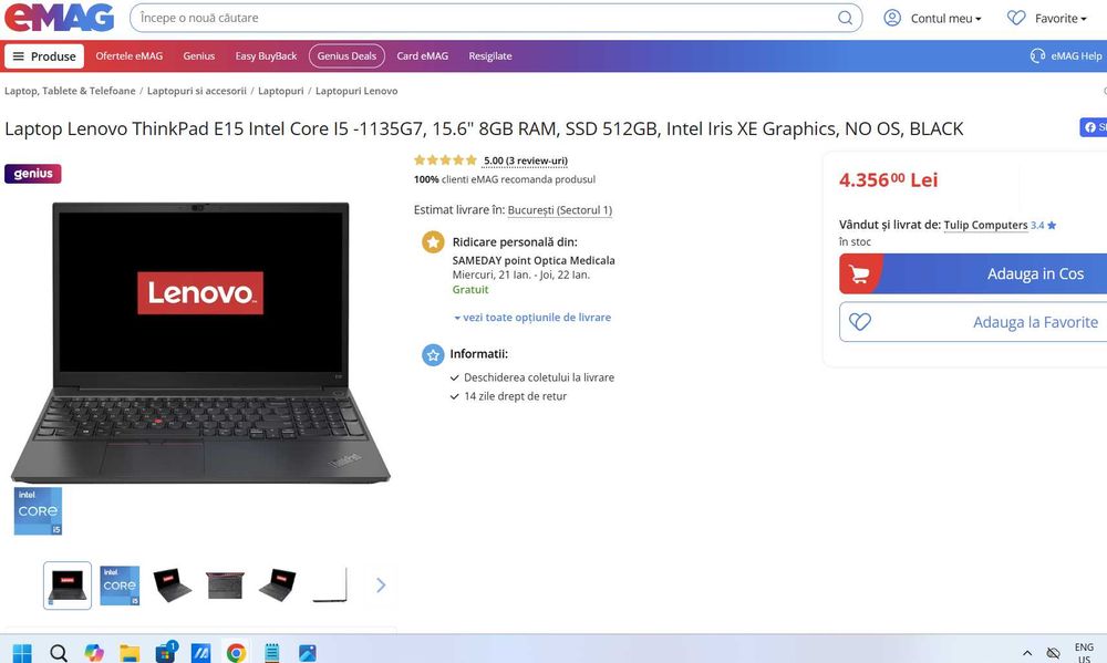 Laptop Lenovo 15" ThinkPad E15 Gen 2 I5 -1135G7 Stare Perfecta 16 GB