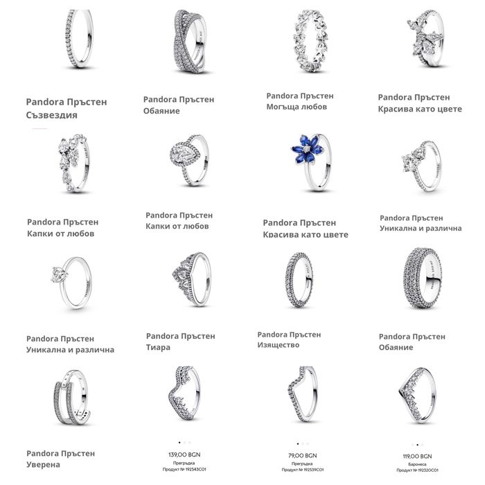 Бижута Пандора Гривни s925 ALE Обеци Пръстени Медальони