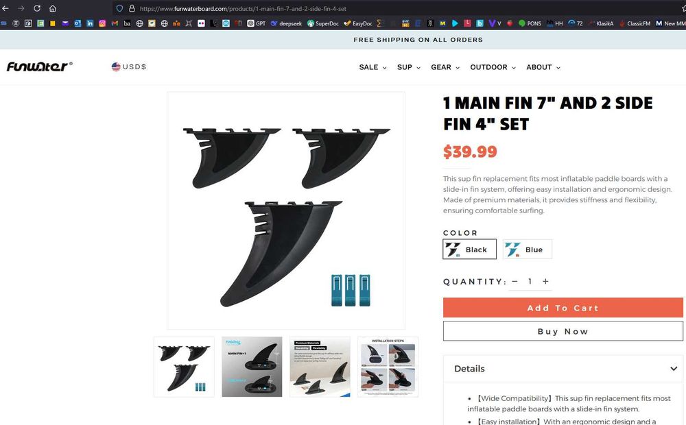 Комплект от 3 резервни перки за падъл борд FunWater/SUP FINS SET