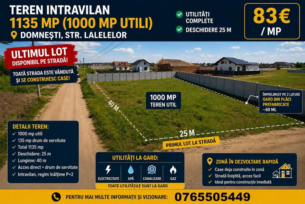 ULTIMUL LOT – Teren 1135 mp Domnești | Str. Lalelelor | Toate utilitățile | 83€/mp