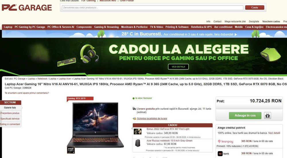 Gaming Acer Nitro 16 SIGILAT Ryzen 9 AI 365 32GB 1TB RTX 5070 16" 2.5K WQXGA