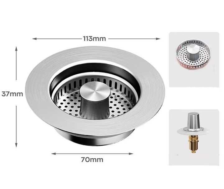 Filtru scurgere chiuveta 3-in-1, inox, pop-up, 11.3x3.7cm