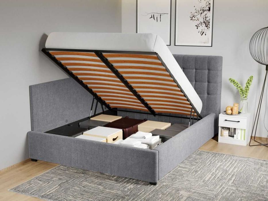 Pat Tapitat de colt Rivo Gri somiera rabatabila si lada de depozitare