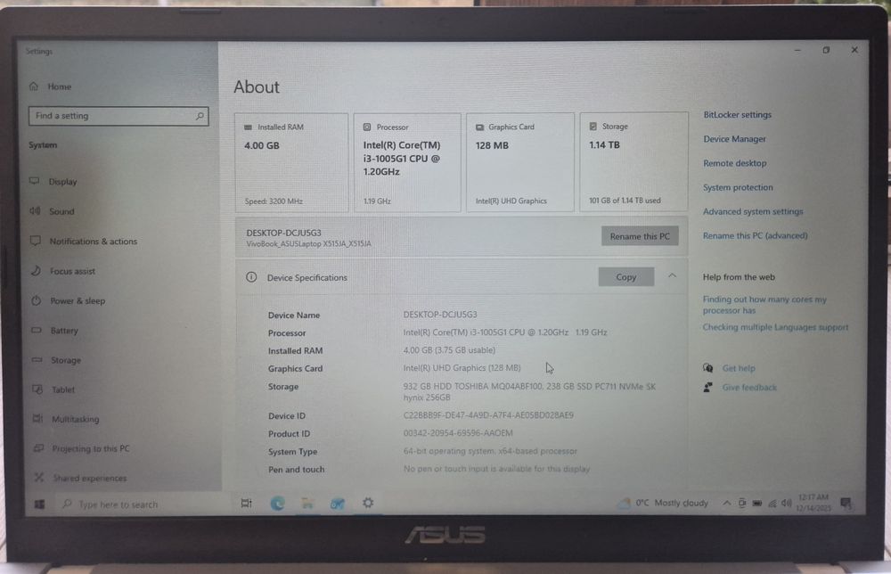 Laptop Asus Vivobook 15 15,6 I3-1005G1 4GB SSD256 + HDD 1 TB