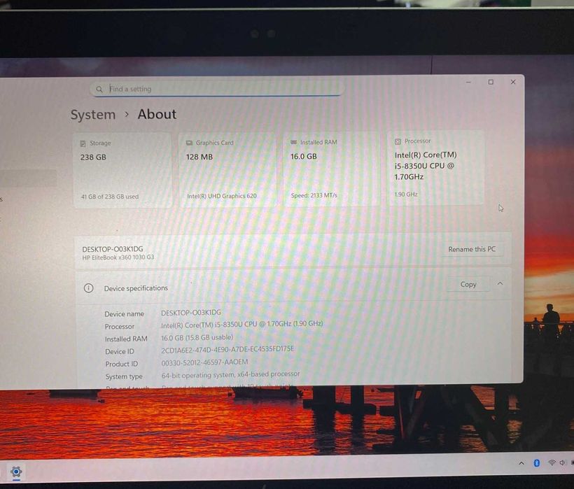 Laptop HP Elitebook x360 1030 G3 | i5-8350U 8th gen } 16GB Ram | 256 GB SSD | Touch