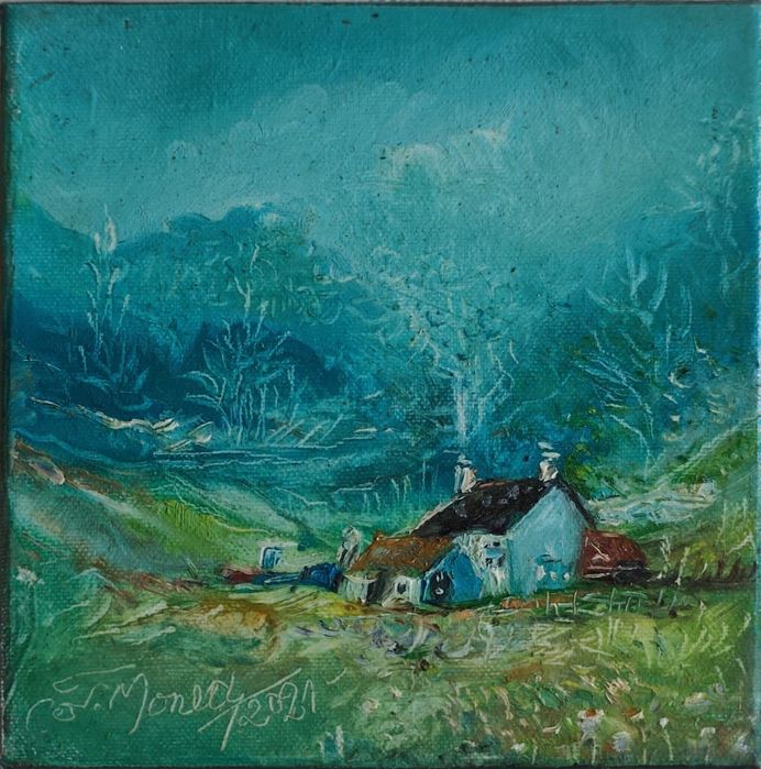 Tablou original ulei pe pânză „Casa din valea albastră” – Semnat + Certificat cu semnătura originala a artistului
