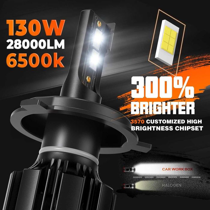 Кутия за работа с кола H4 LED 28000LM крушки за автомобилни фарове, 130W 12V, 6500K бяла